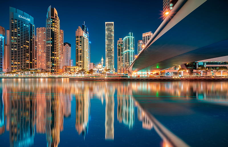 Cities, Dubai, Building, City, Night, Reflection, Skyscraper, United Arab Emirates, Water, HD wallpaper