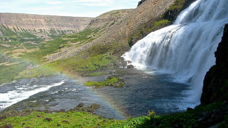 Dynjandi Falls, Iceland, waterfall, nature, river, fun, field, HD wallpaper