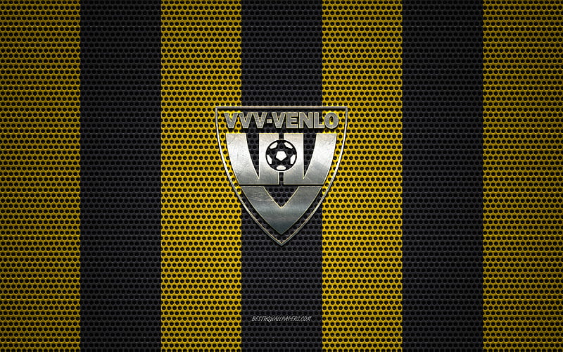 VVV Venlo logo, Dutch football club, metal emblem, yellow-black metal mesh background, VVV Venlo, Eredivisie, Venlo, Netherlands, football, HD wallpaper