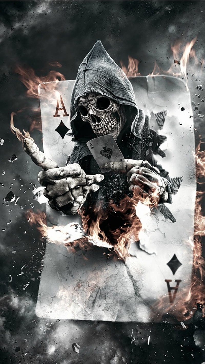 Ace In The Hole, skull, card, ace, flames, HD phone wallpaper