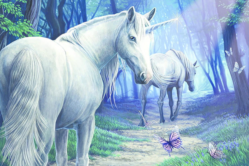 Unicorns, unicorn, art, anne stokes, fantasy, luminos, white, blue, HD wallpaper