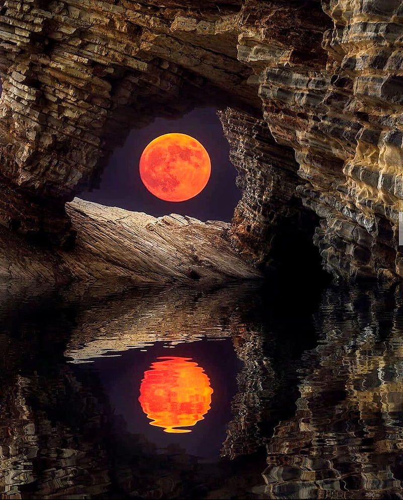 Big moon sky, cave, caves, full moon, mountain, mountains, reflection, top, water, world, HD phone wallpaper