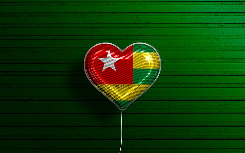 I Love Togo realistic balloons, green wooden background, African countries, Togolese flag heart, favorite countries, flag of Togo, balloon with flag, Togolese flag, Togo, Love Togo, HD wallpaper