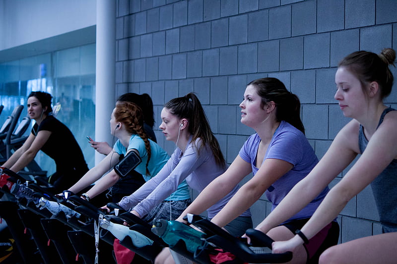 women taking exercise on black stationary bikes in front of gray concrete wall, HD wallpaper
