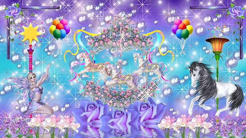 Carousel Fantasy, rose, unicorn, magic, horse, carousel, merry go round, magical, flower, flowers, fairy, HD wallpaper