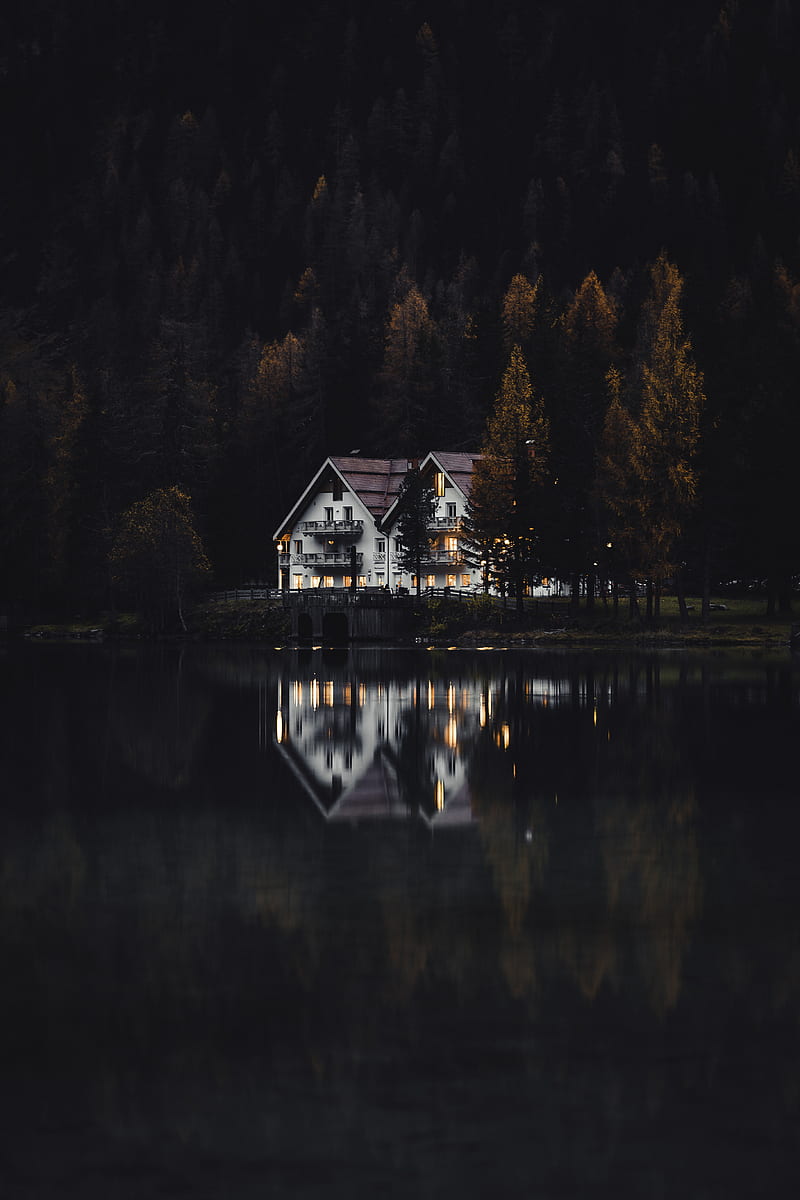 white and brown house near lake surrounded by trees, HD phone wallpaper