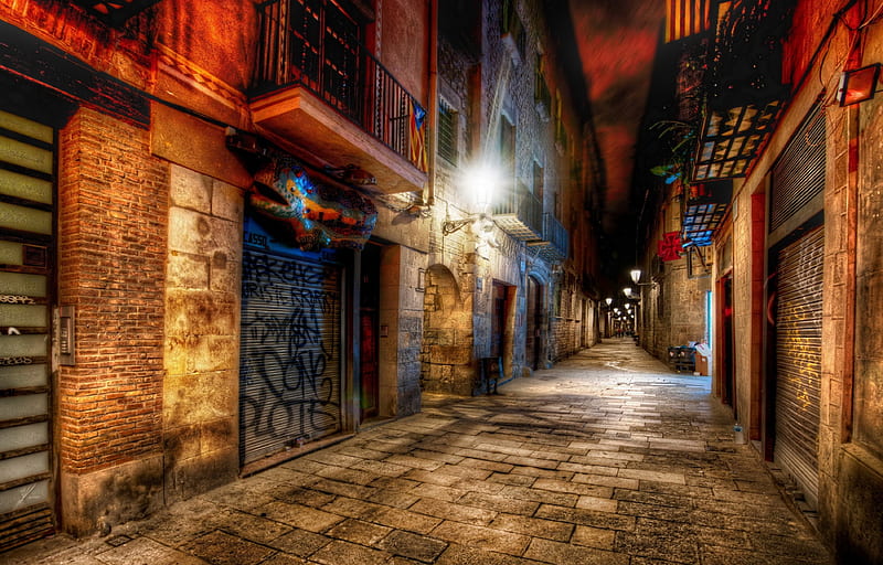 Barcelona Street, grafitti, balconies, colorful, Europe, cobblestone, Spain, Barcelona, night, HD wallpaper