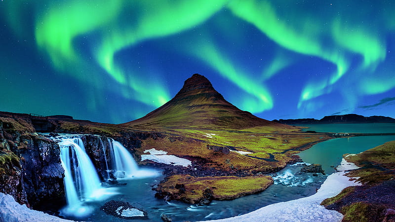 Northern Light, waterfall, aurora borealis, Iceland, light, winter, hills, north, arctic, cold, mountain, snow, HD wallpaper