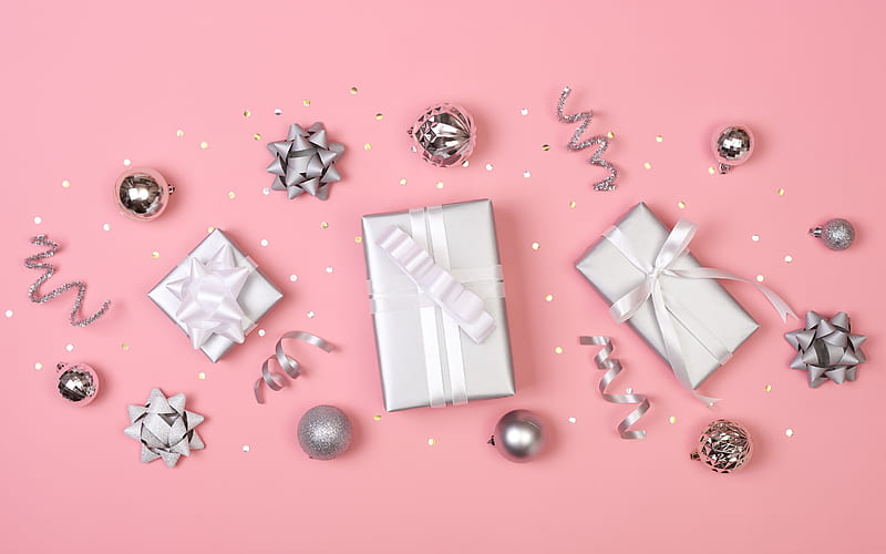Silver christmas decoration, pink background, Merry Christmas, Happy New Year, silver gifts boxes, silver silk bows, Christmas, HD wallpaper