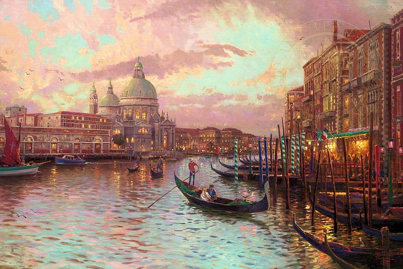 Thomas Kinkade - Venice, grand canal, buildings, houses, sunset, clouds, artwork, boats, people, painting, HD wallpaper