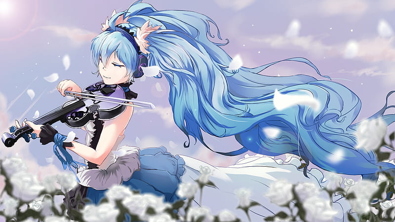 Hatsune Miku, violin, wind, manga, instrument, girl, anime, petals, icefurs, HD wallpaper