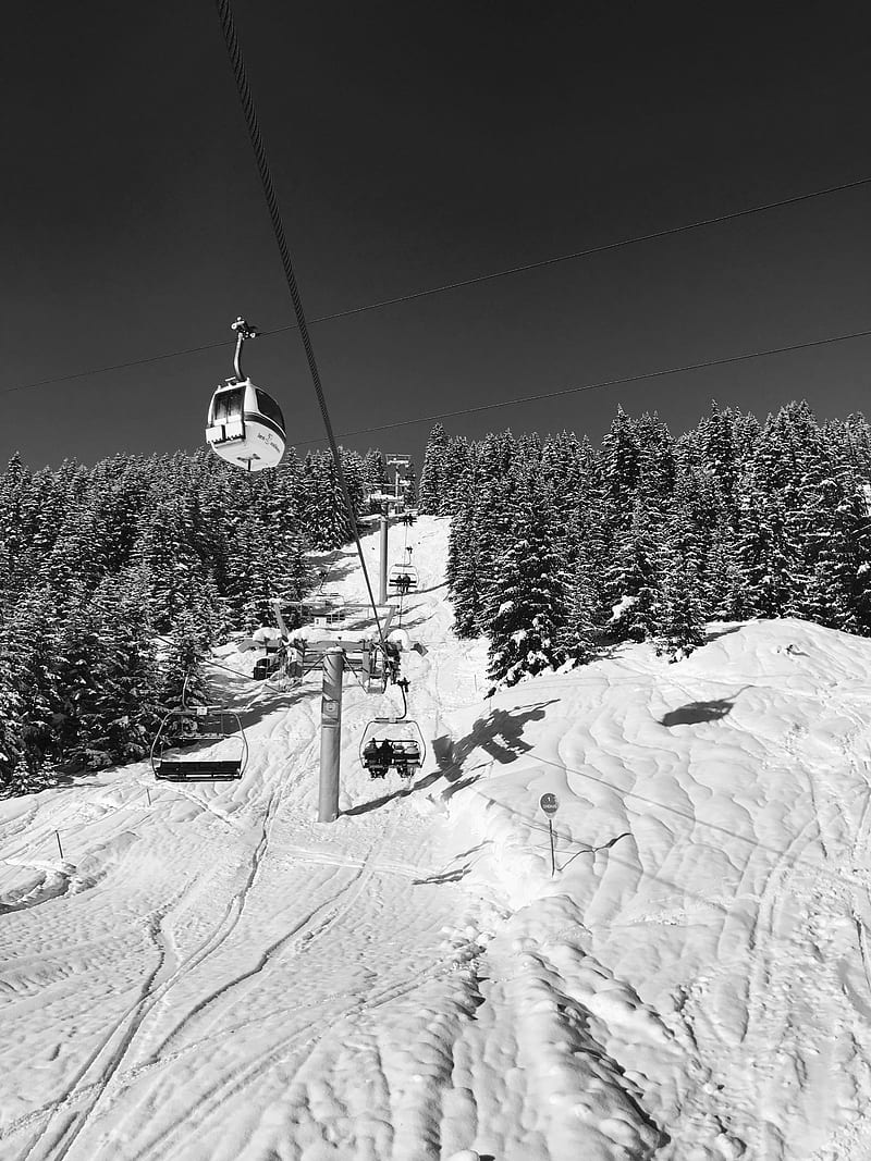 mountains, ski lift, snow, winter, black and white, HD phone wallpaper