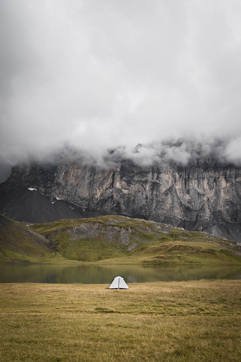 tent, rocks, mountains, fog, grass, HD phone wallpaper