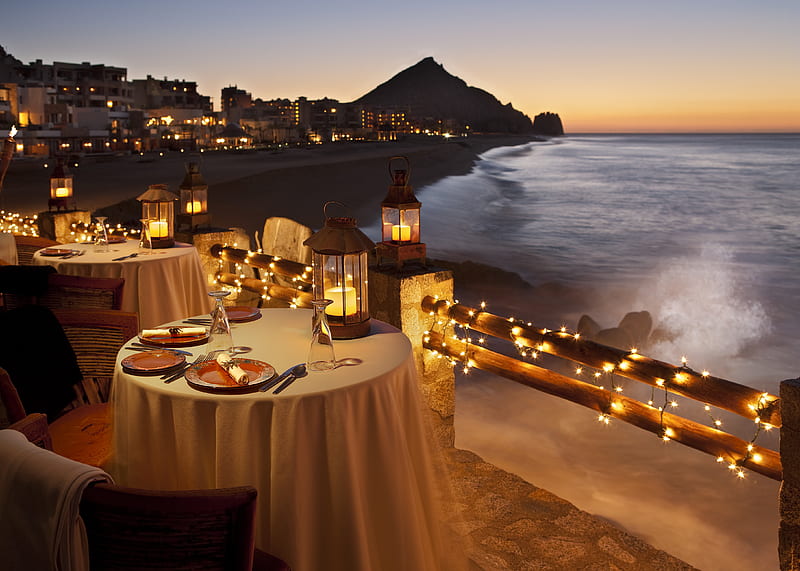 Romance, architecture, pretty, sunset, lights, beach, nice, exterior, beauty, evening, relaxation, harmony, lovely, quiet, lanterns, ocean, waves, sky, water, cool, restaurant, entertainment, evening dinner, style, bonito, sea, graphy, night, exotic, romantic, desenho, candles, pleasant, resturauant, HD wallpaper