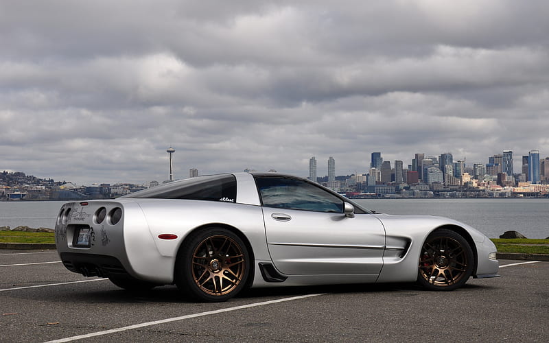 Chevrolet Corvette, silver sports coupe, side view, new silver Corvette, American sports cars, Chevrolet, HD wallpaper