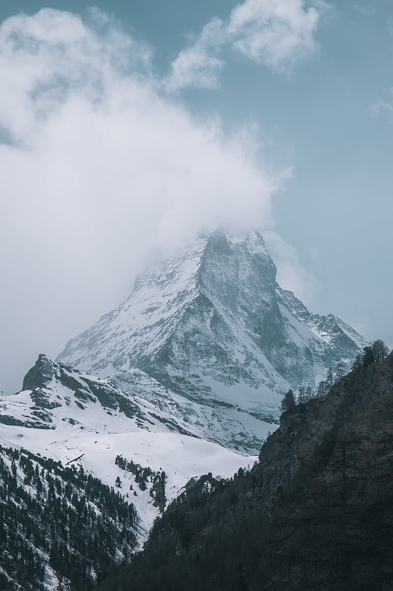 Peak, rocks, trees, snow, snowy, HD phone wallpaper | Peakpx