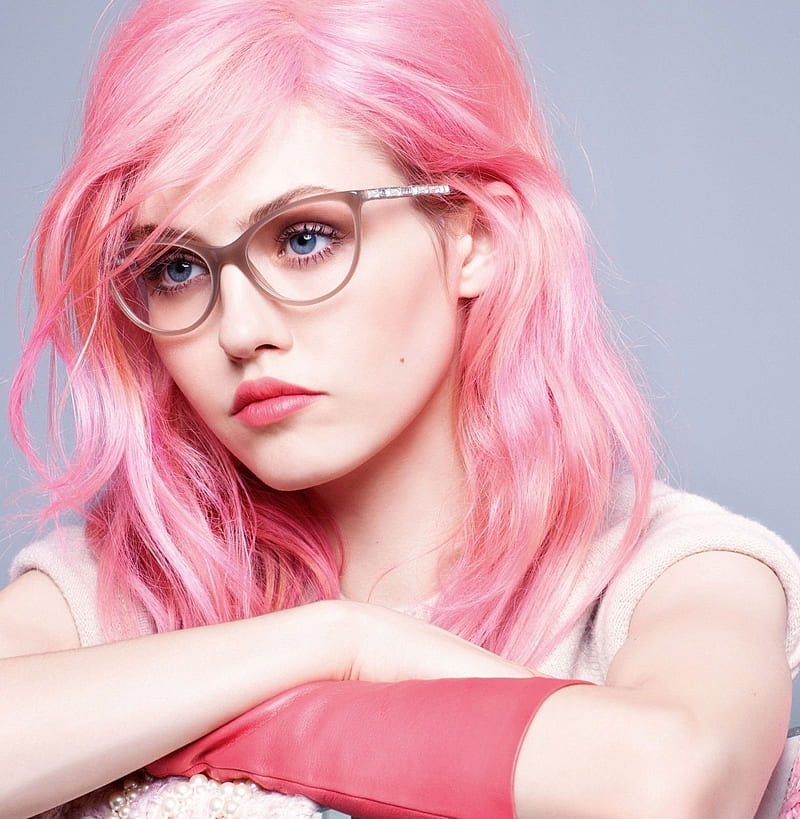 Charlotte , women, model, blue eyes, pink hair, long hair, women with glasses, face, HD phone wallpaper