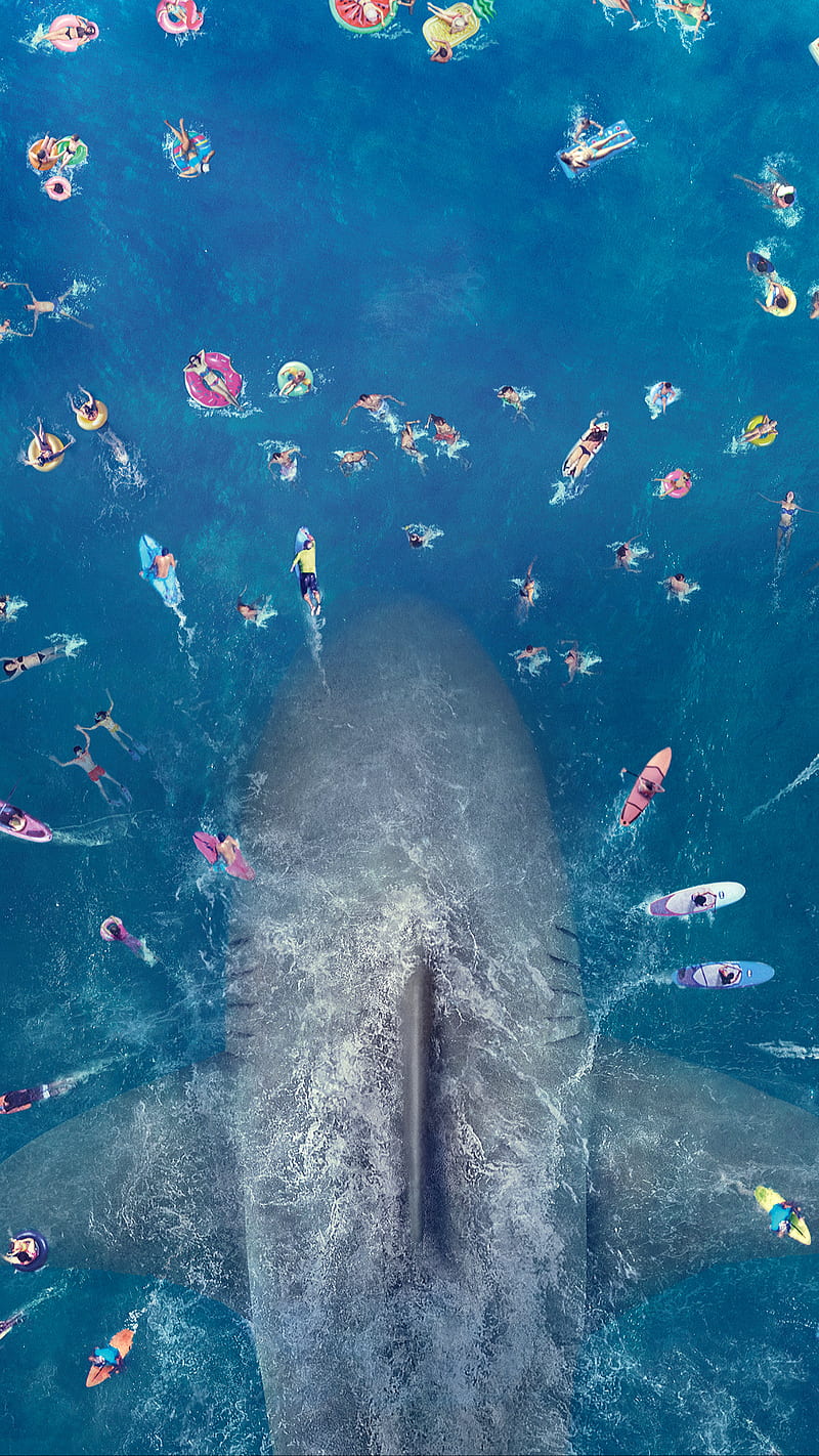 Huge shark, blue, fantasy, fish, giant, ocean, people, swimming, HD phone wallpaper