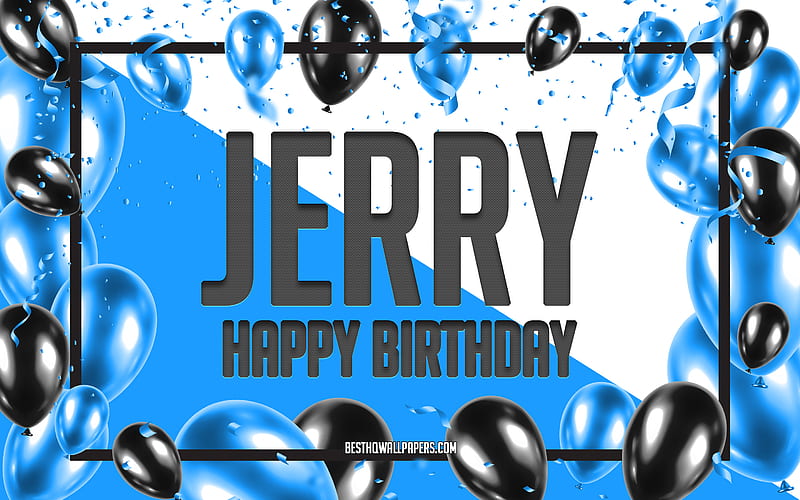 Happy Birtay Jerry, Birtay Balloons Background, Jerry, with names, Jerry Happy Birtay, Blue Balloons Birtay Background, greeting card, Jerry Birtay, HD wallpaper