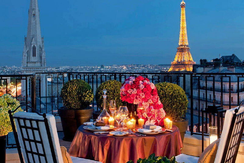 Dinner-in Paris, architecture, dinner, paris, terrace, table for two, HD wallpaper