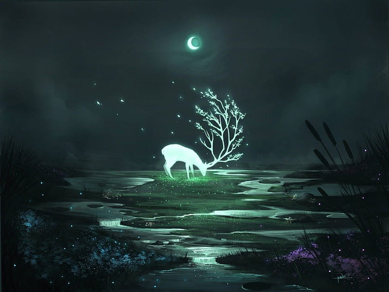 ~Moon Essence~, fantasy, moon, abstract, deer, HD wallpaper