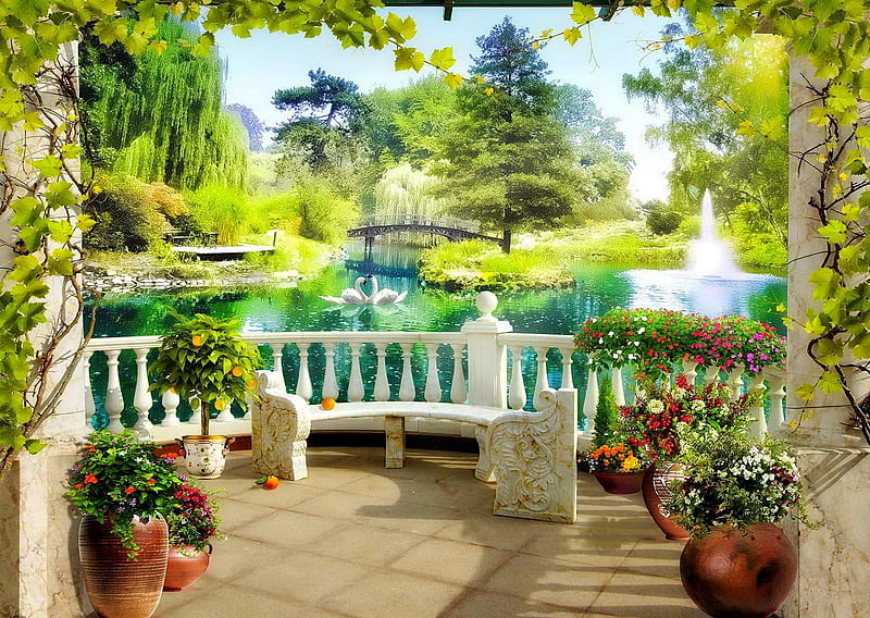 Garden scenery, view, relax, balcony, bonito, lake, swans, pond, paradise, arch, serenity, garden, summer, flowers, scenery, HD wallpaper