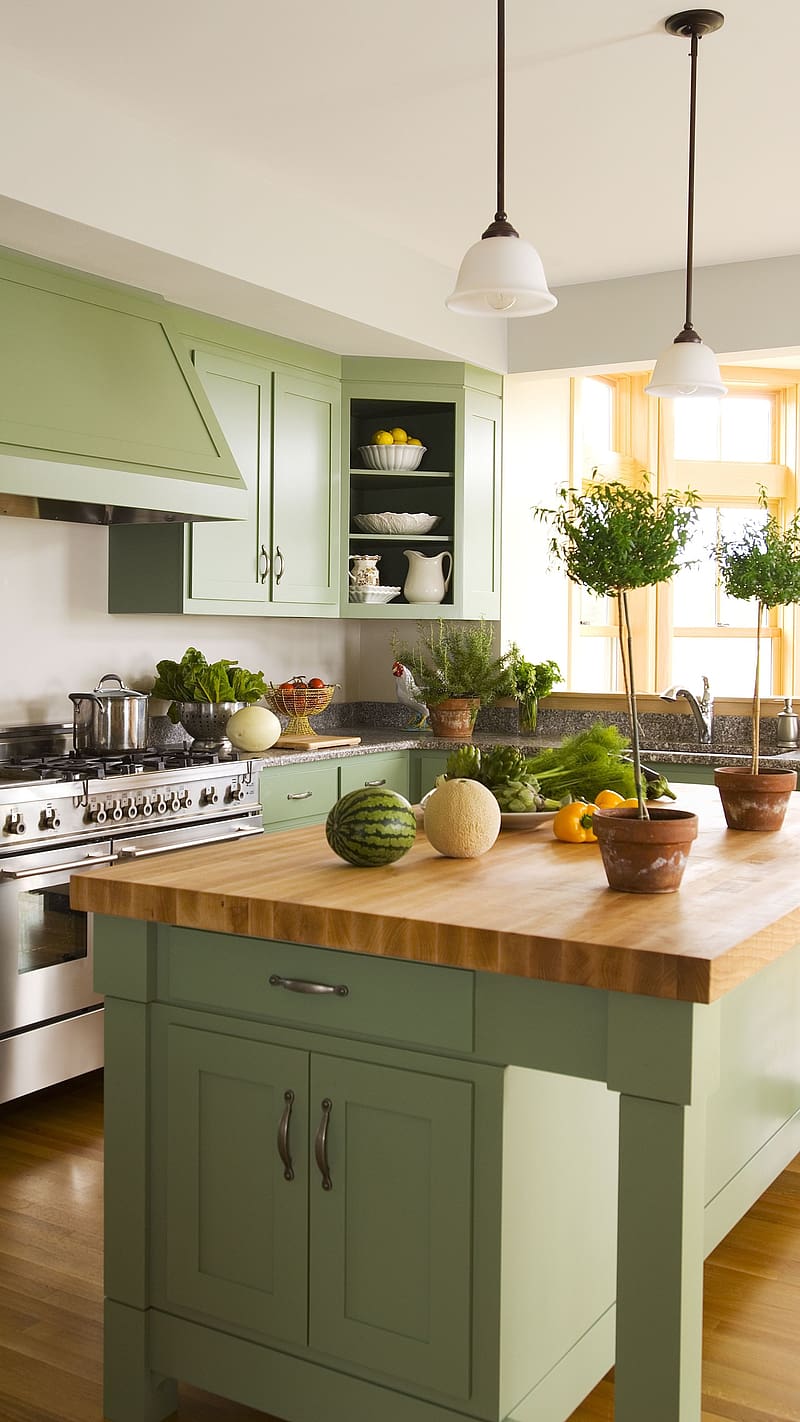Kitchen In Green Cabinets, kitchen, green, cabinets, fruits, plants, interior, HD phone wallpaper