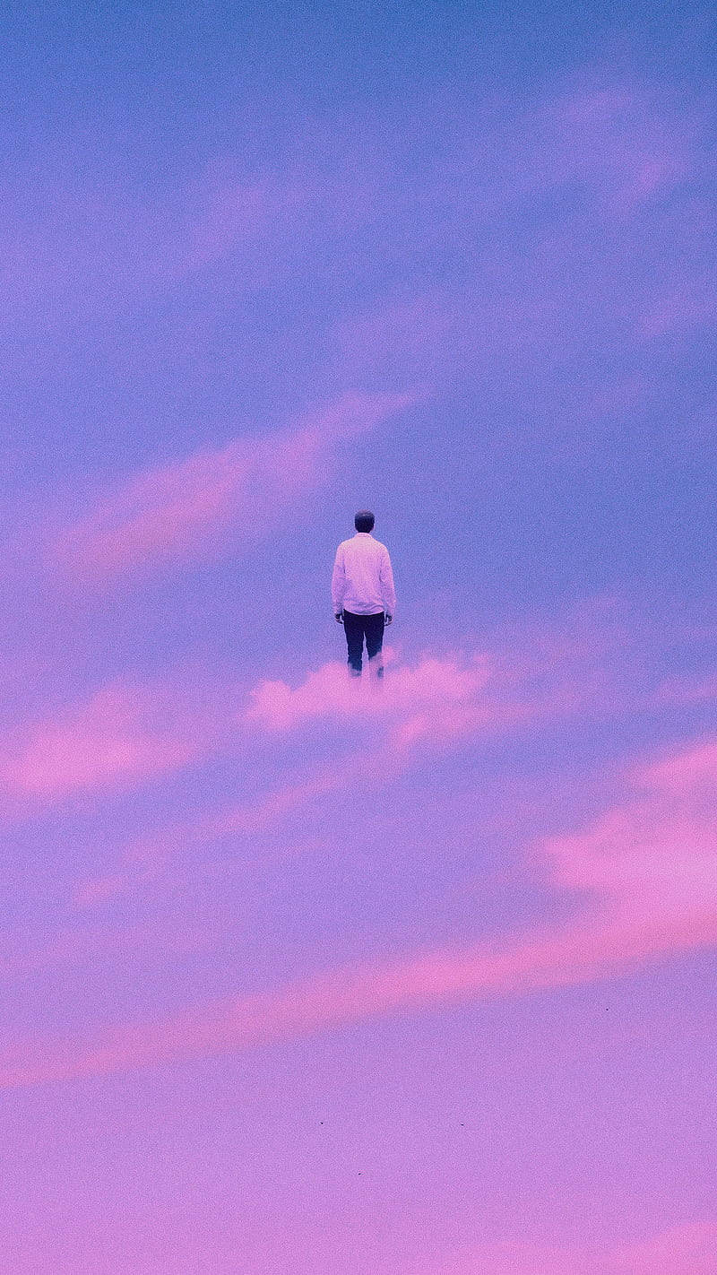Standing In Clouds, Taudalpoi, blue, cloud art, cloudy, funny, man, minimalism, graphy, pink, purple, sky, surreal, HD phone wallpaper