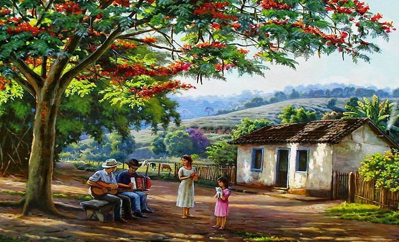 Country Life, bonito, Painting, House, People, Nature, HD wallpaper