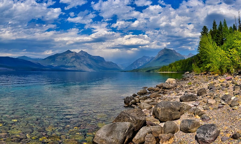 McDonald Lake, Glacier National Park, lakes, trees, sky, clouds, stones, water, green, mountains, crystalline, forests, blue, HD wallpaper