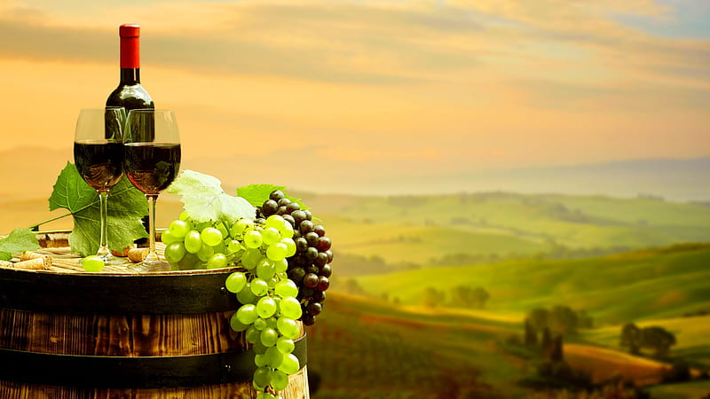 Red wine with barrel, Glasses, Grapes, Wine bottle, Barrel, HD wallpaper