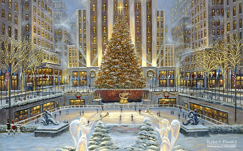 Memories Of Rockefeller, stunning, buildings, lights, tree, decorated, city, people, activity, skating, HD wallpaper