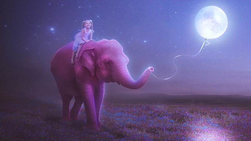 pretty night, baloon, elephant, sky, moon, girl, purple, walking, star, light, HD wallpaper
