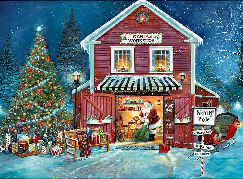 Santa's Workshop F1, Christmas, art, holiday, December, bonito, Santa, illustration, artwork, winter, snow, painting, wide screen, occasion, scenery, HD wallpaper