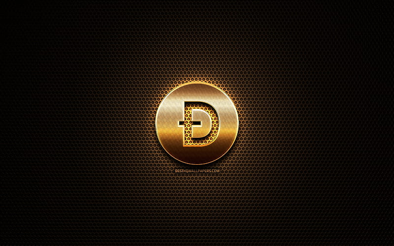 Dogecoin glitter logo, cryptocurrency, grid metal background, Dogecoin, creative, cryptocurrency signs, Dogecoin logo, HD wallpaper