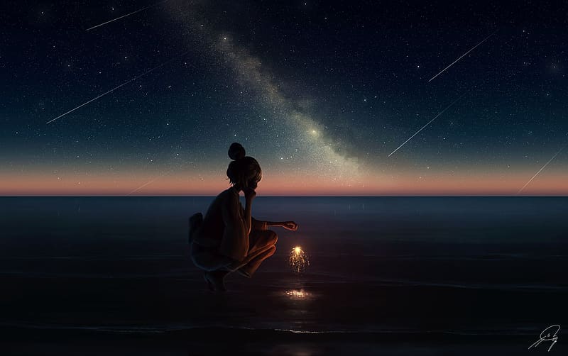 Anime, Beach, Starry Sky, Girl, Shooting Star, HD wallpaper