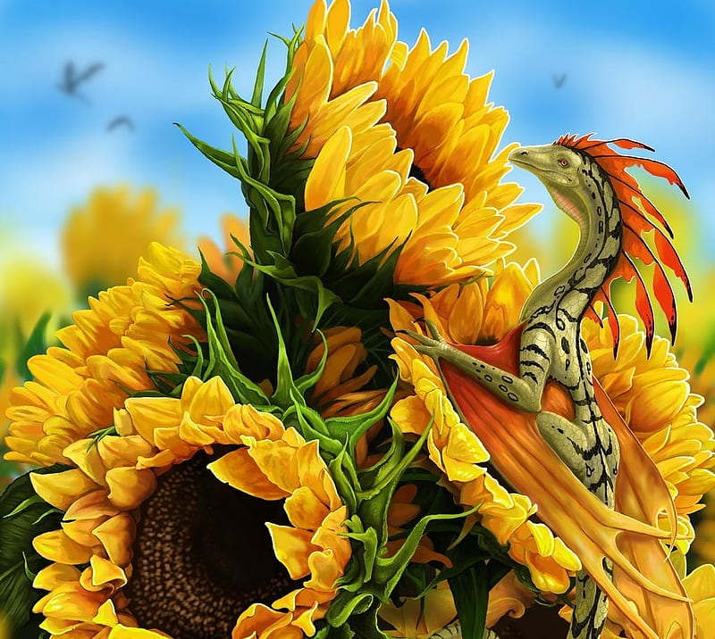 Sunflowers, yellow, flower, summer, sunflower, dragon, jaxxblackfox, little, luminos, vara, fantasy, HD wallpaper