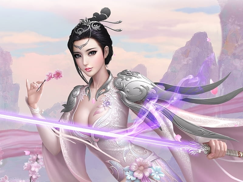 Fantasy girl, girl, luminos, goddess, pink, white, sword, frumusete, superb, fantasy, gorgeous, HD wallpaper