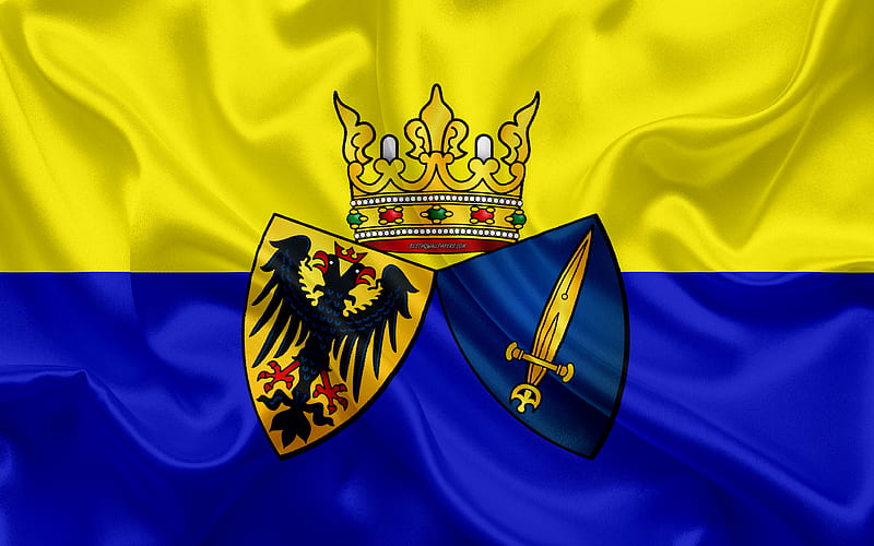 Flag of Essen silk texture, yellow blue silk flag, coat of arms, German city, North Rhine-Westphalia, Essen, Germany, symbols, HD wallpaper