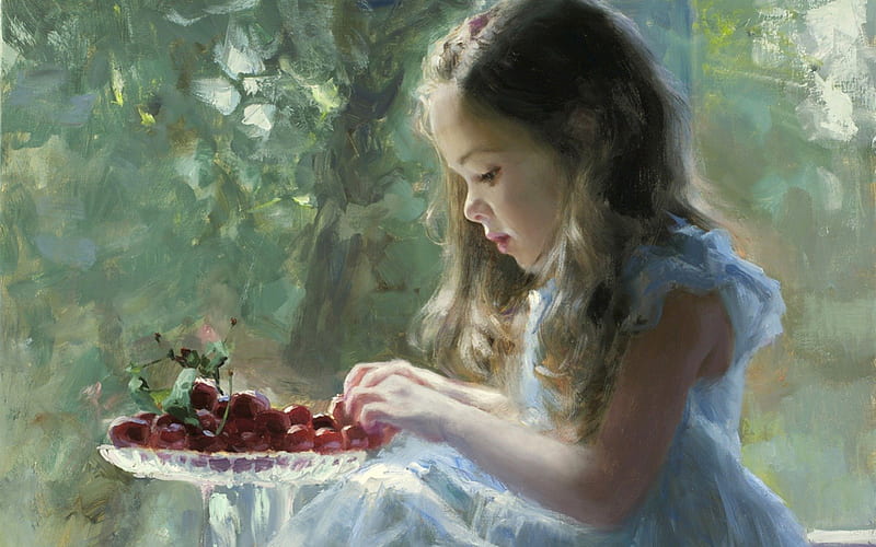 Cherries time by Vladimir Volegov, red, art, dress, vladimir volegov, blonde, spring, fruit, girl, green, painting, summer, child, cherry, blue, HD wallpaper