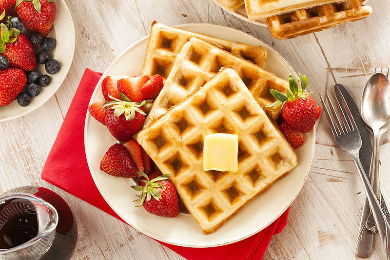 waffle, strawberries, plate, dessert, Food, HD wallpaper