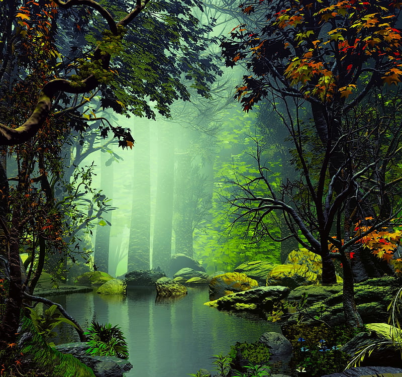 Magic pond, tree, water, fantasy, green, digital, lake, forest, luminos,  angel estevez, HD wallpaper | Peakpx