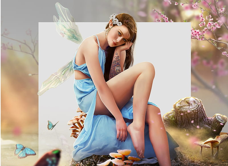 Dream fairy, tattoo, pink, hosne qanadelo, fairy, blue, frumusete, wings, luminos, mushroom, fantasy, girl, HD wallpaper