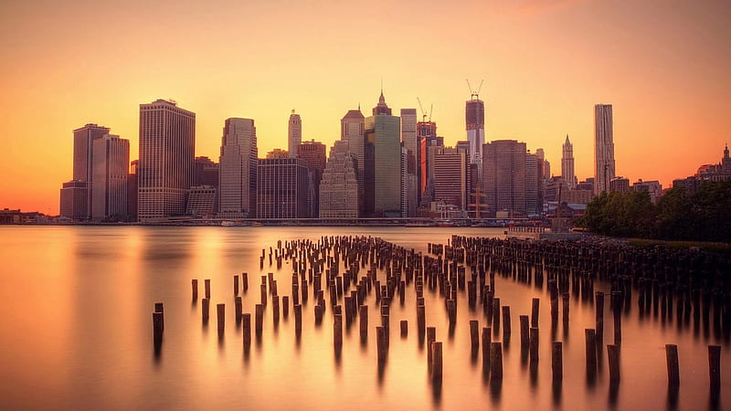amazing view of downtown manhattan, city, sunset, pylons, bay, skyscrapers, HD wallpaper