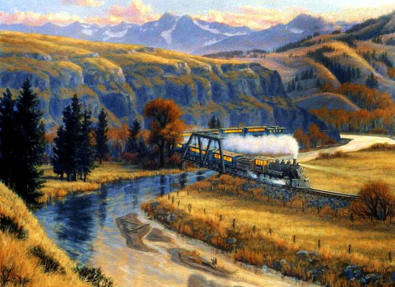 Canyon Run, train, bridge, painting, river, steam, canyons, artwork, HD wallpaper