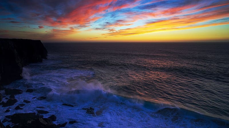 Mirante de Sagres, Portugal, colors, sea, sky, sunset, clouds, HD wallpaper