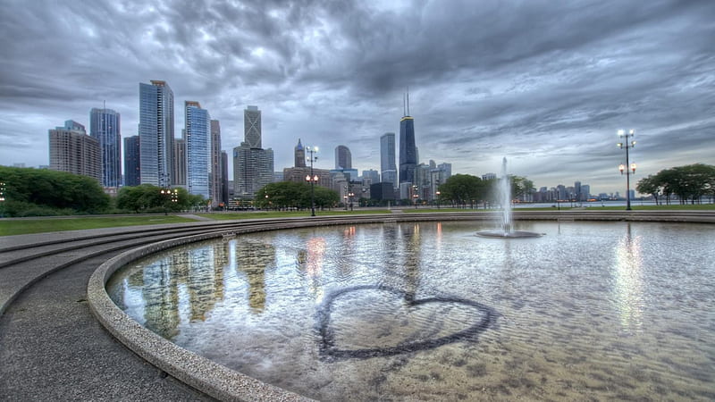 fountain heart in chicago r, fountain, city, heart, r, skyscrapers, HD wallpaper