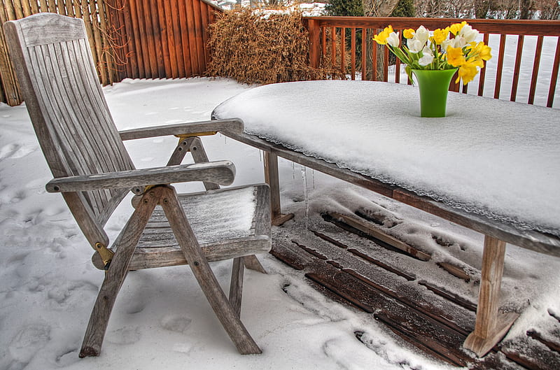 Waiting for spring, yellow, vase, cold, flowers, beauty, chair, sesons, table, spring, winter, bouquet, snow, ice, garden, nature, white, frozen, HD wallpaper