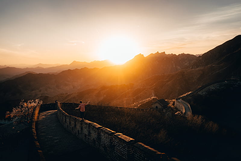 mountains, sunset, wall, building, people, HD wallpaper