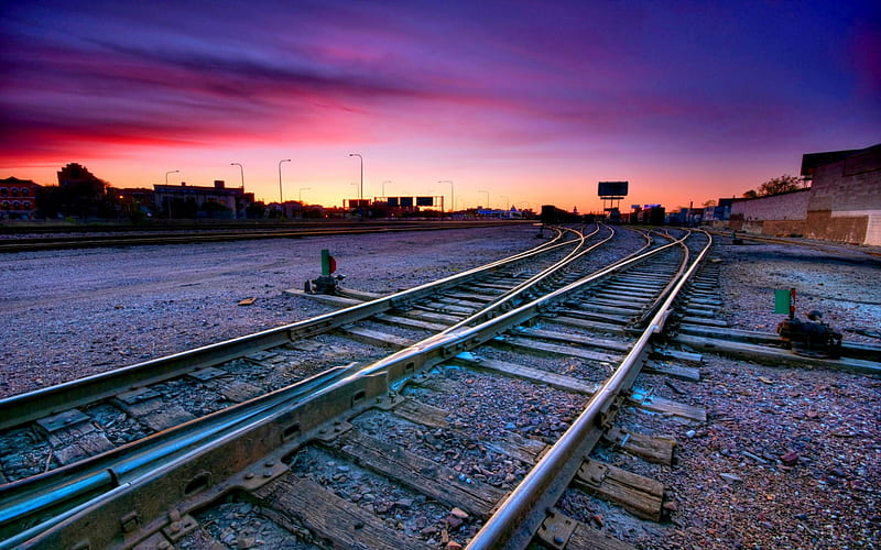 SUNSET TRACKS, sunset, railway, city, tracks, HD wallpaper